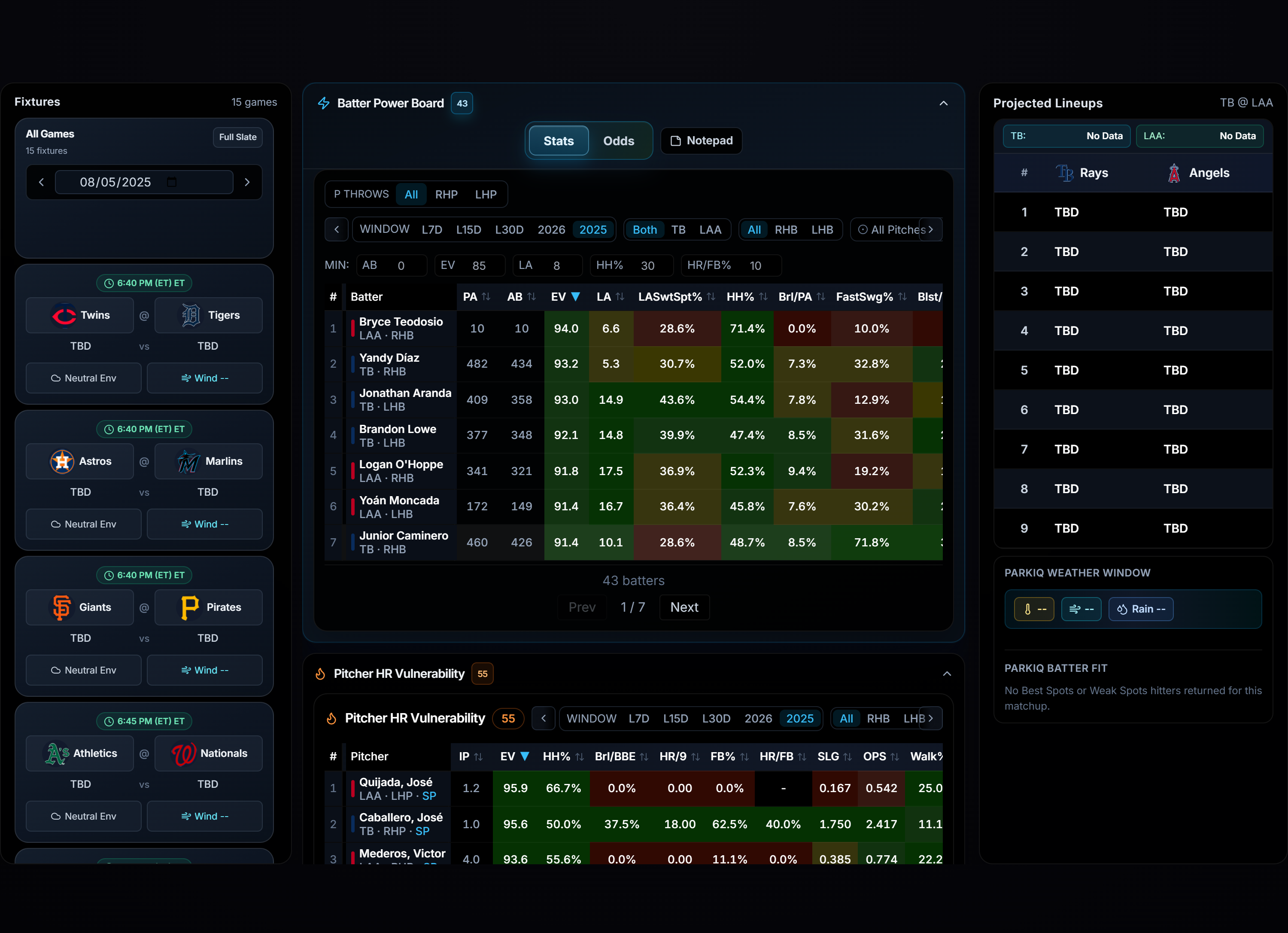 MLB HR Engine widget pairing each hitter's recent power form with the pitcher they face, showing a batter power board, a pitcher vulnerability board, batted ball quality and the exact damage zones